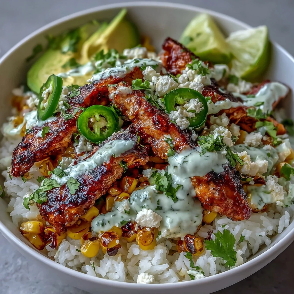Tender citrus-marinated chicken thighs atop fluffy rice and smoky charred corn in a bowl.