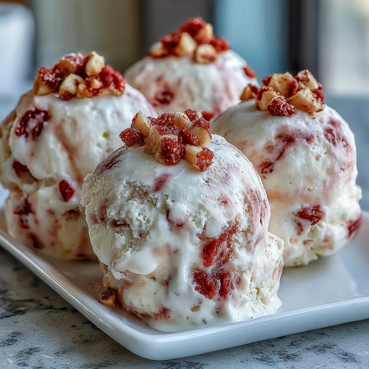 Frozen Strawberry & Banana Yoghurt Clusters with Greek yogurt and crisp fruit pieces are ready to serve on a chilled white plate.
