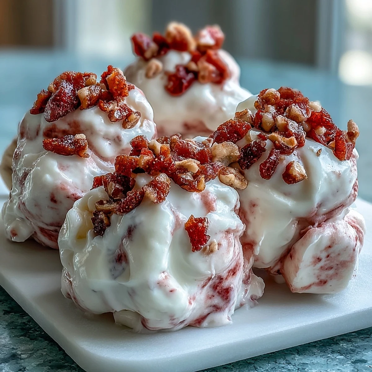 Homemade Strawberry & Banana Yoghurt Clusters are arranged on a parchment-lined tray, perfect for a healthy frozen snack.