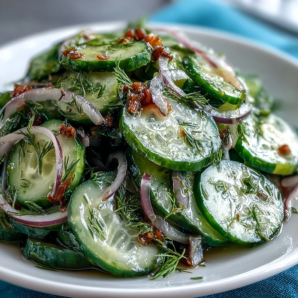 Freshly made Refreshing Crunchy Cucumber Salad tossed with tangy vinegar dressing, served on a rustic wooden platter for a cooling side dish.