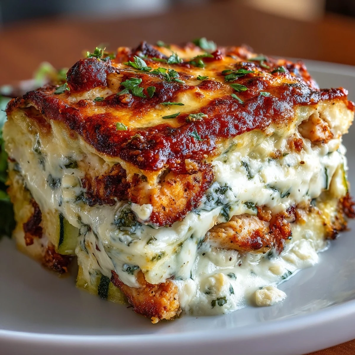 Close-up of High Protein Chicken Zucchini Bake with bubbly mozzarella and golden Parmesan topping.