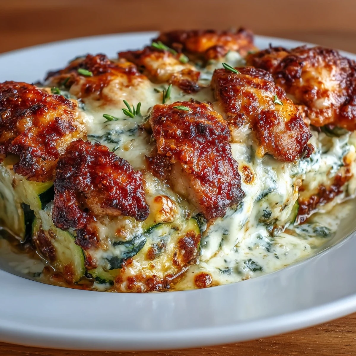 Sliced High Protein Chicken Zucchini Bake served warm with fresh basil garnish.