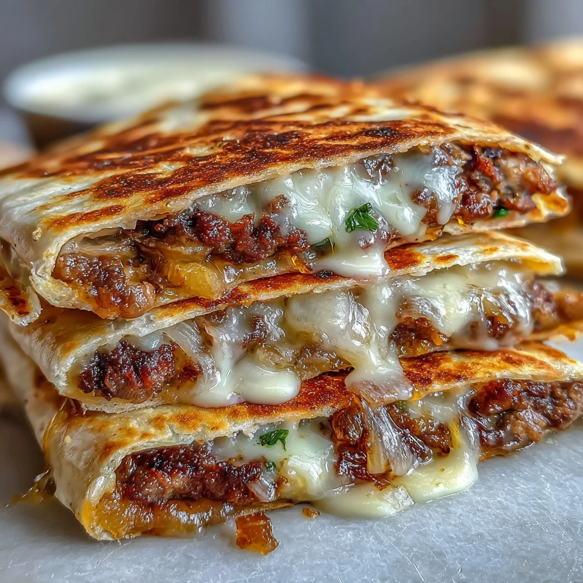Golden-brown Cheesy Griddled Smashburger Quesadillas are sliced into wedges, revealing melted cheddar and American cheese over thin beef patties.