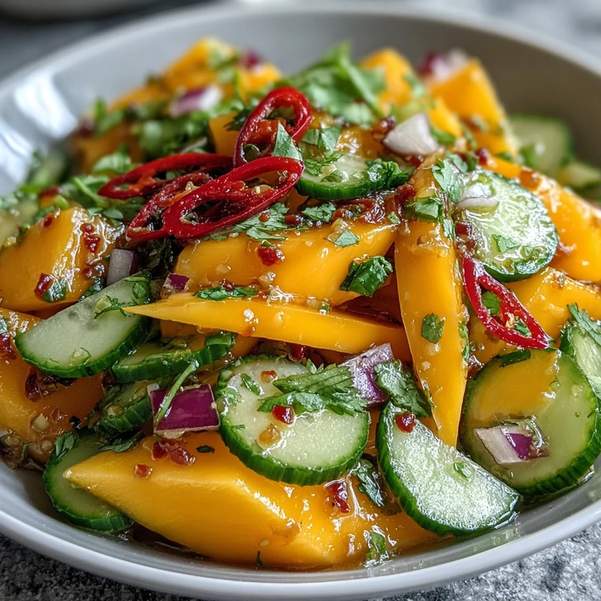 Golden strips of ripe mango mingle with crisp red bell pepper, cucumber, and red onion in this Refreshing Mango Salad with Lime Dressing, tossed in a zesty lime-honey vinaigrette for a bright, colorful bowl. 