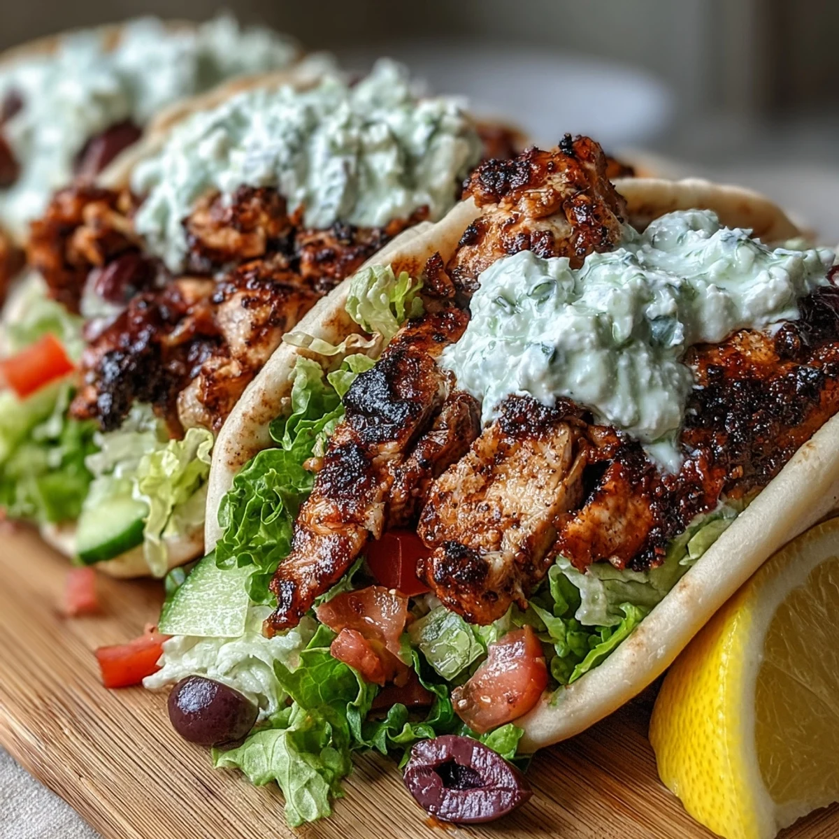 Sizzling Mediterranean Chicken Gyros with charred edges served alongside creamy feta tzatziki and colorful vegetable toppings on a rustic plate.