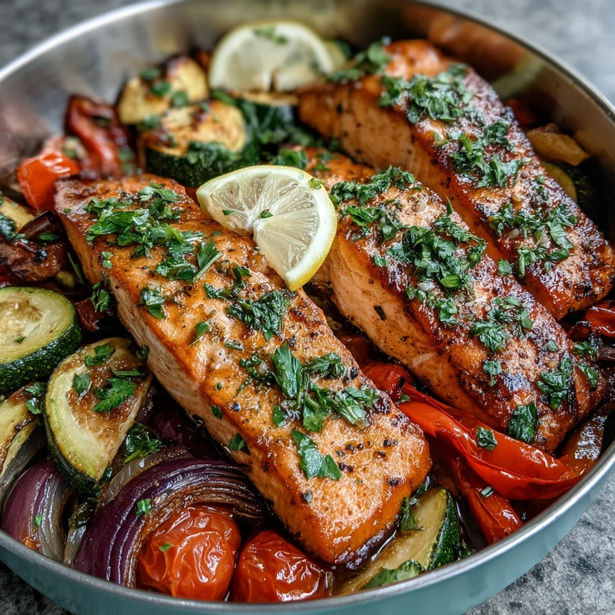 Close-up of tender salmon flaking easily beside caramelized onions and bell peppers, serving a vibrant healthy dinner.