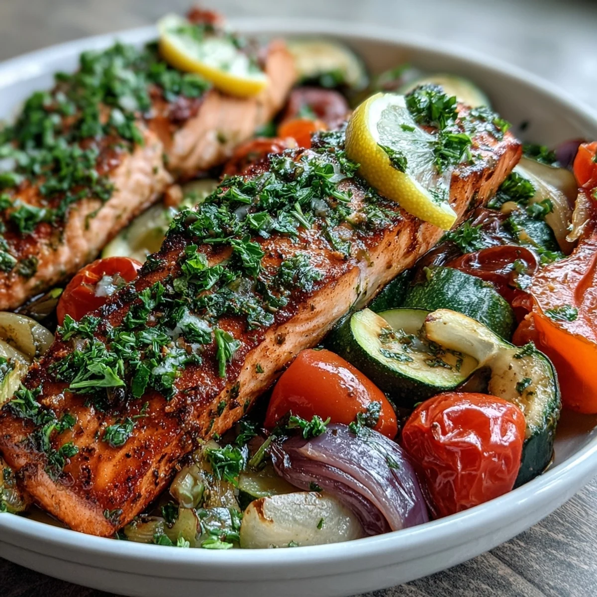 Freshly baked Sheet Pan Salmon and Veggies Bowl garnished with parsley and lemon wedges, perfect for gluten-free meal prep.