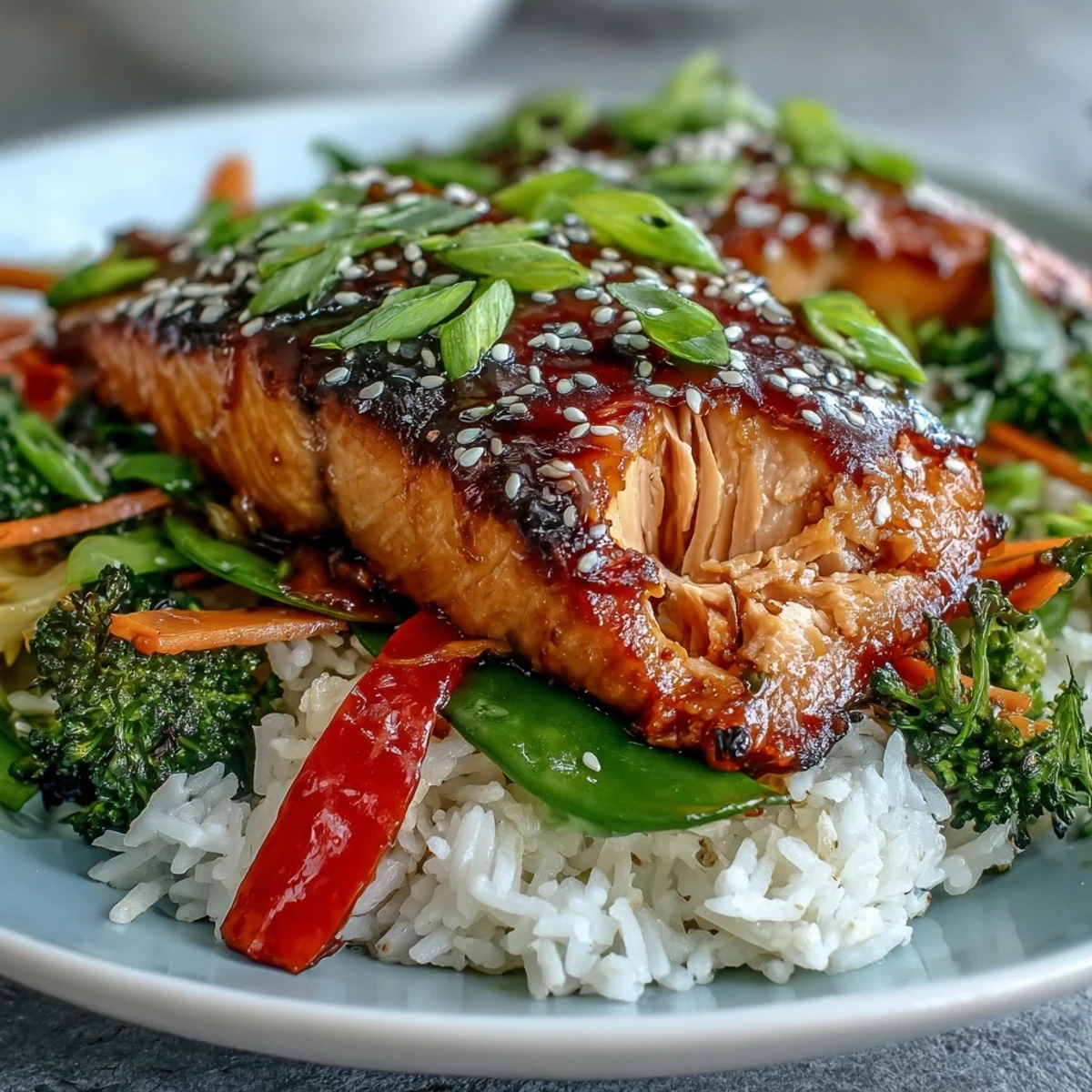 A vibrant Teriyaki Salmon Bowl features tender salmon glazed in savory-sweet sauce over fluffy rice and crisp veggies.