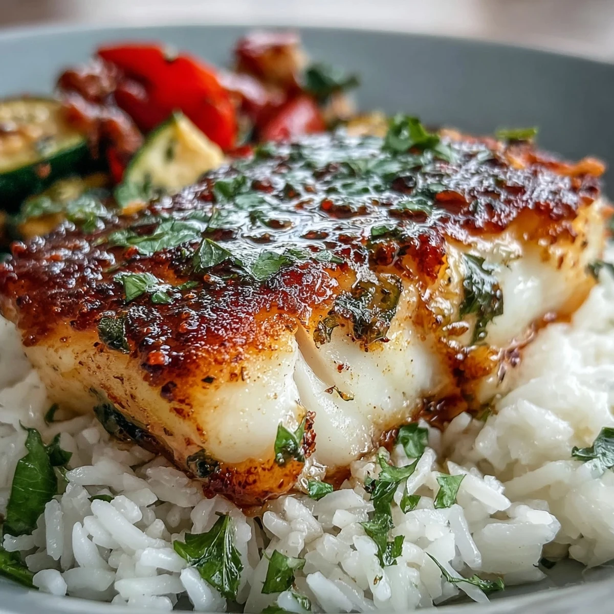 Golden-brown pan-seared fish sits atop fluffy jasmine rice with roasted zucchini and cherry tomatoes for the Pan-Seared Fish Bowl.