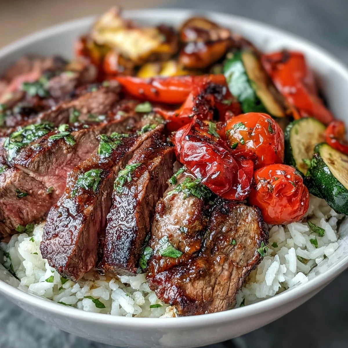 Juicy grilled steak and roasted bell peppers sit atop fluffy rice in this convenient sheet pan dinner.