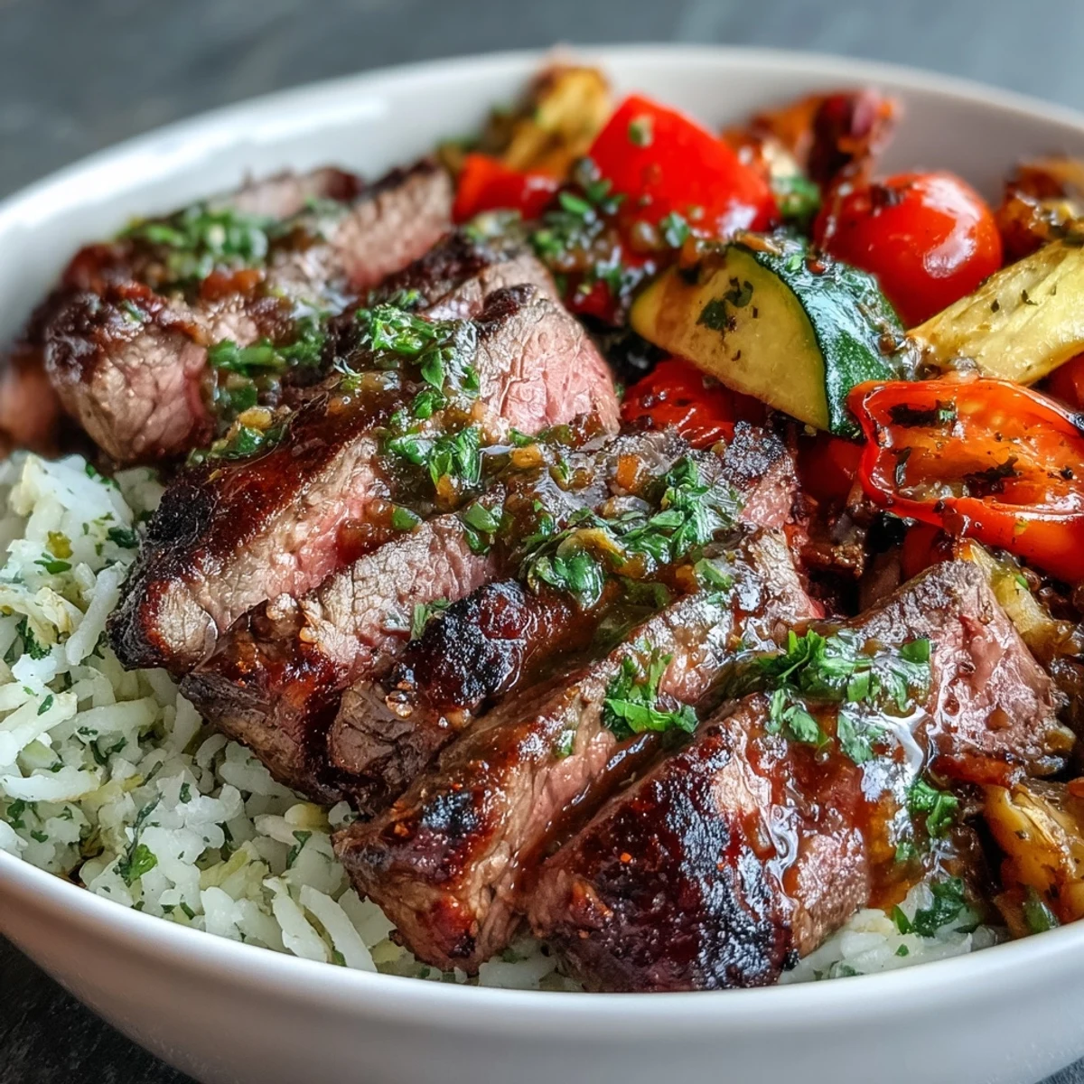 Tender sliced steak with charred zucchini and cherry tomatoes makes a vibrant Sheet Pan Steak and Veggie Bowl.
