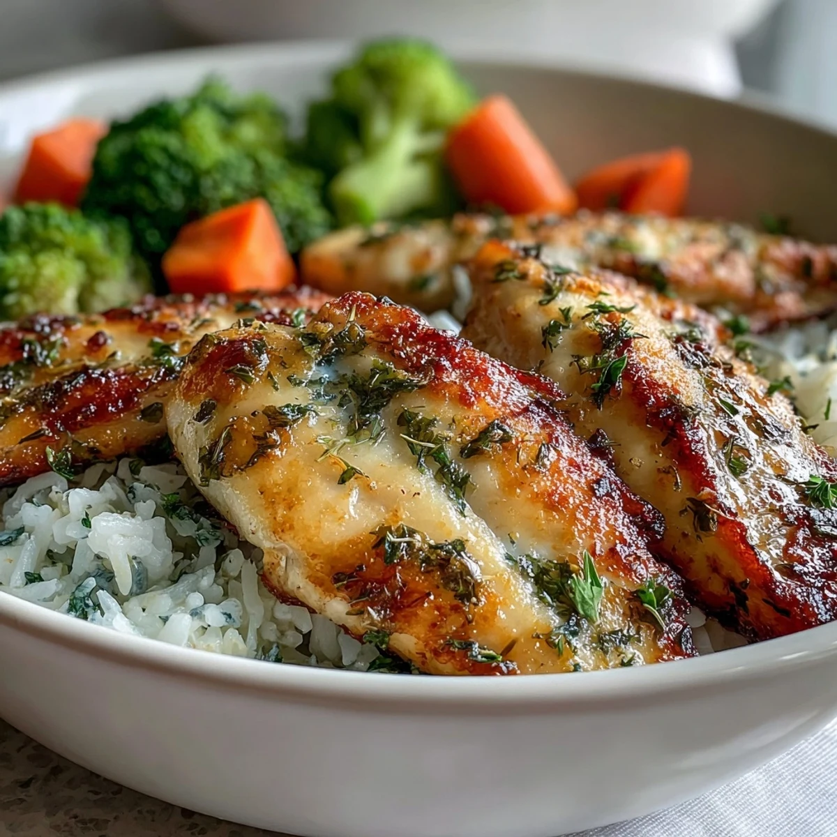 Golden herb-baked tilapia fillets rest on fluffy white rice with bright green broccoli and orange carrot slices.