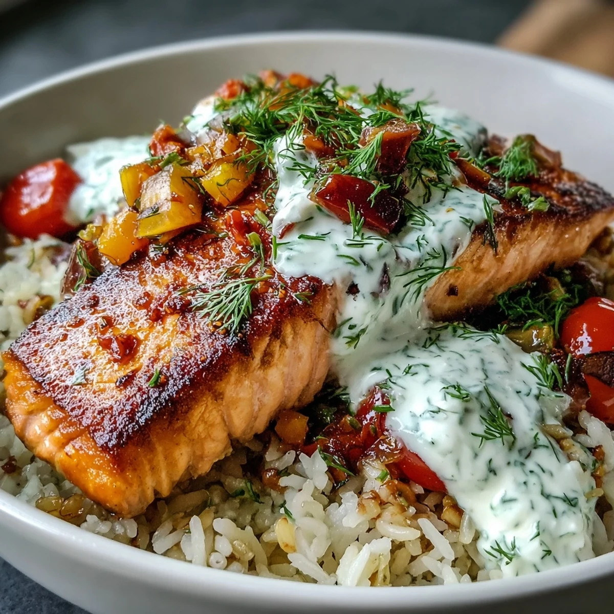 Freshly pan-seared salmon rests atop golden, crispy rice in a vibrant Mediterranean bowl with lemon-yogurt drizzle.