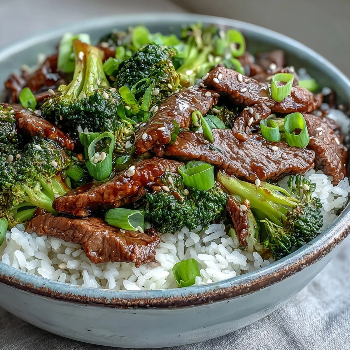 Sizzling strips of beef and bright green broccoli florets in a savory soy-ginger glaze, served over fluffy jasmine rice.