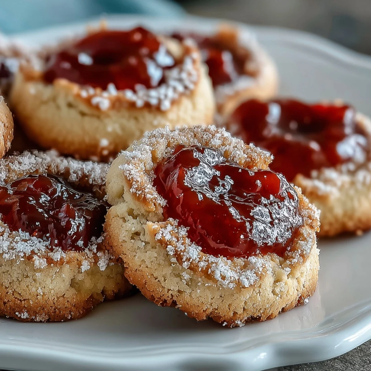Torticas de Guayaba cookies show golden, buttery edges with a thumbprint indentation pooled with vibrant, sticky guava jam.