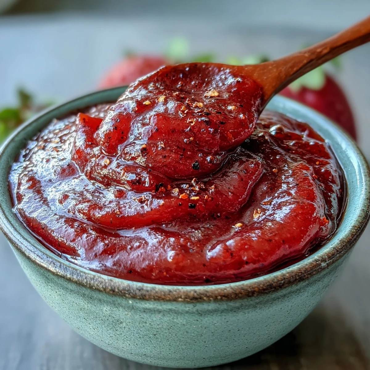 A jar of homemade Guava BBQ Sauce From Scratch, deep coral and glossy, topped with a wooden spoon.