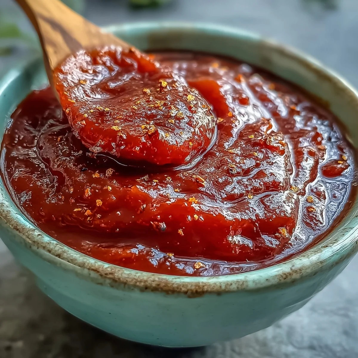 Homemade Guava BBQ Sauce From Scratch glistening in a jar, a spoon lifting the thick tropical sauce.