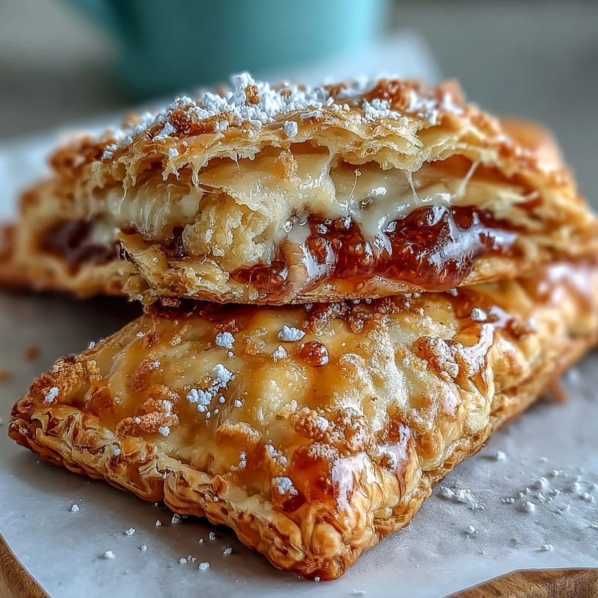 Sliced Guava Cheese Pop Tarts show vibrant guava jam and cream cheese filling on a rustic wooden board beside a glass of milk.