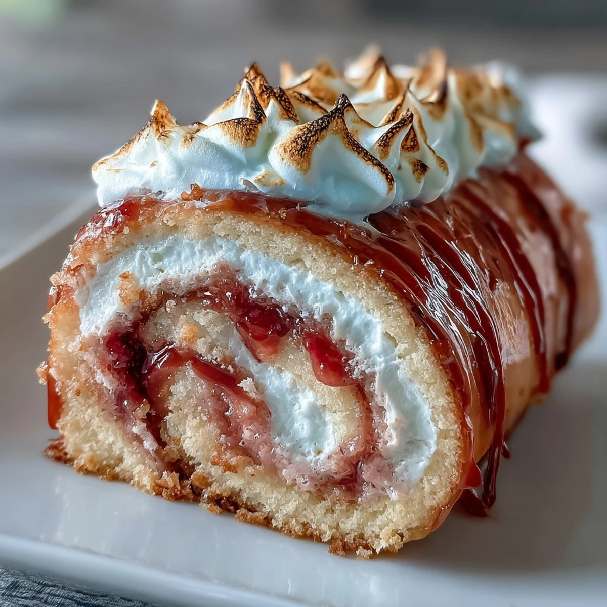 Freshly baked Homemade Brazo Gitano rolled with vibrant guava paste and fluffy meringue.