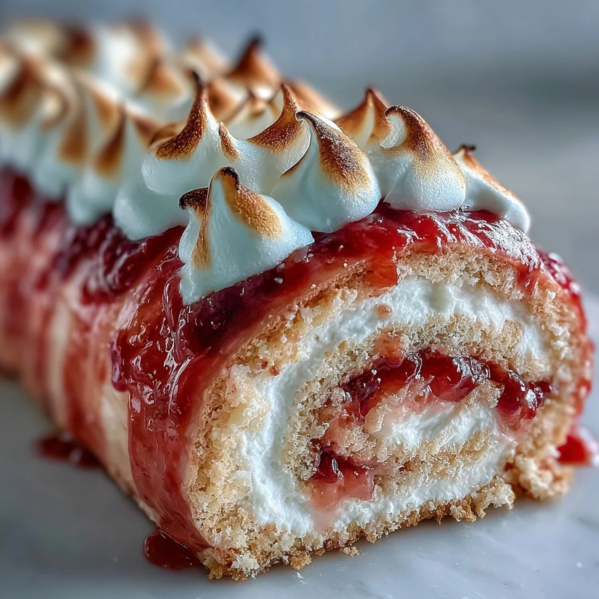 Sliced cross-section of Puerto Rican Homemade Brazo Gitano revealing gooey pink guava filling.