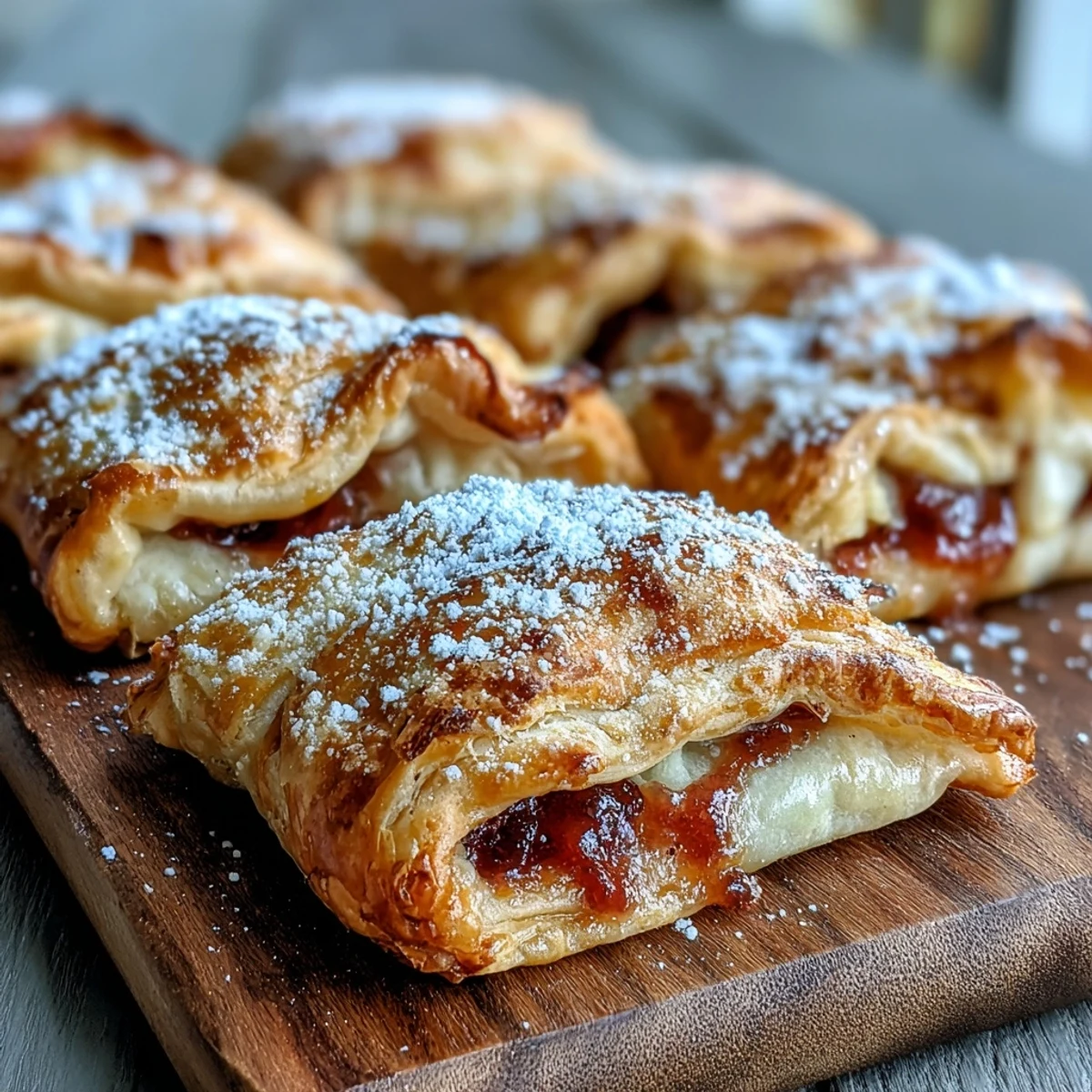 Golden-baked guava cheese pastries on a tray, showing flaky puff pastry layers and a sweet guava and cream cheese filling.