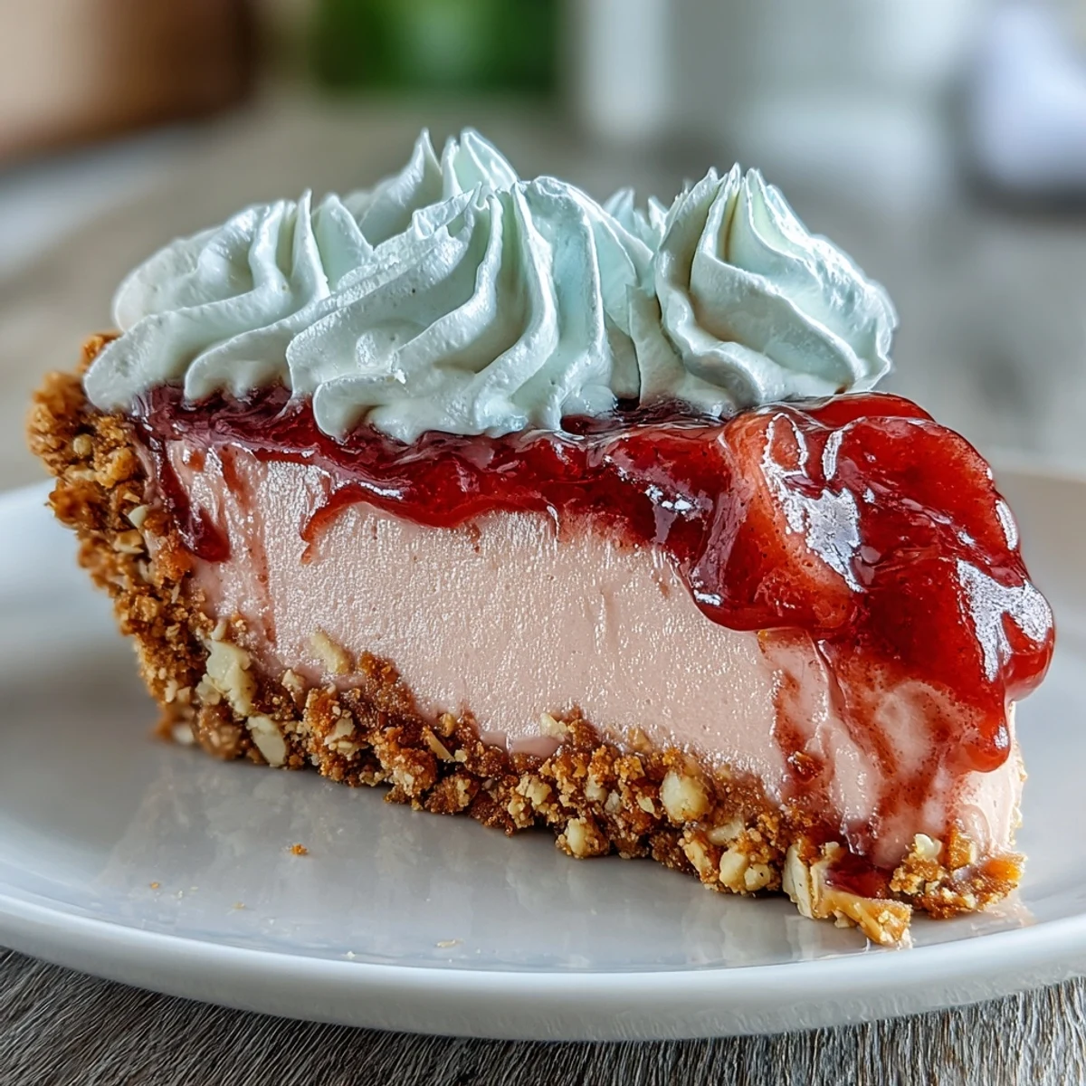 Vibrant Guava Cloud Pie served on a tropical plate garnished with fresh lime zest and nuts.