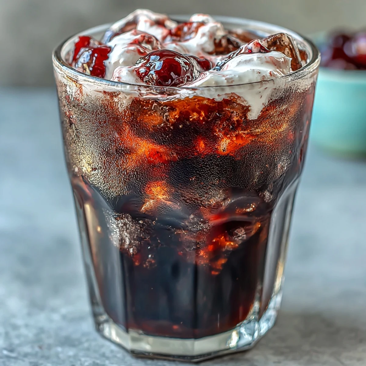 Chilled Midnight Malibu Dirty Soda with blackberry syrup and coconut cream layered over ice.