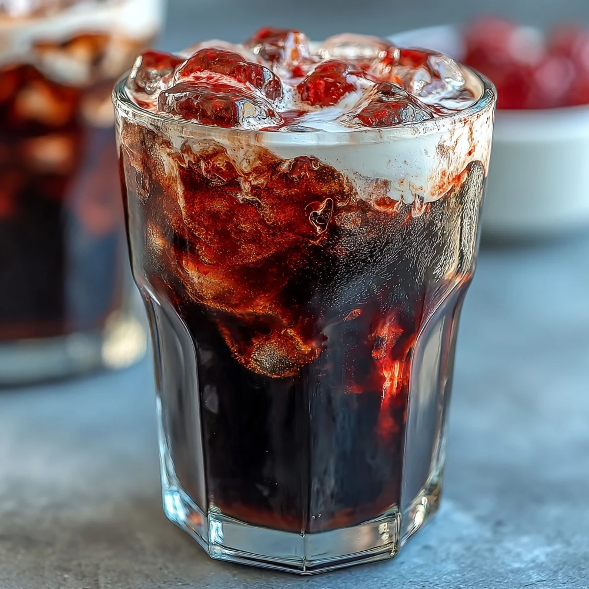 Topped with a foamy vanilla finish and served ice-cold in a tall glass.