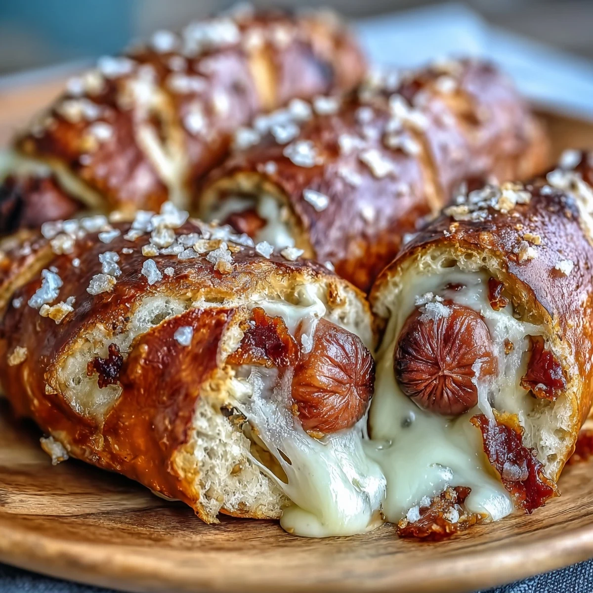 Golden-brown Soft Baked Cheesy Pretzel Dogs with melted cheddar oozing from the pretzel bun, served on a rustic wooden board.