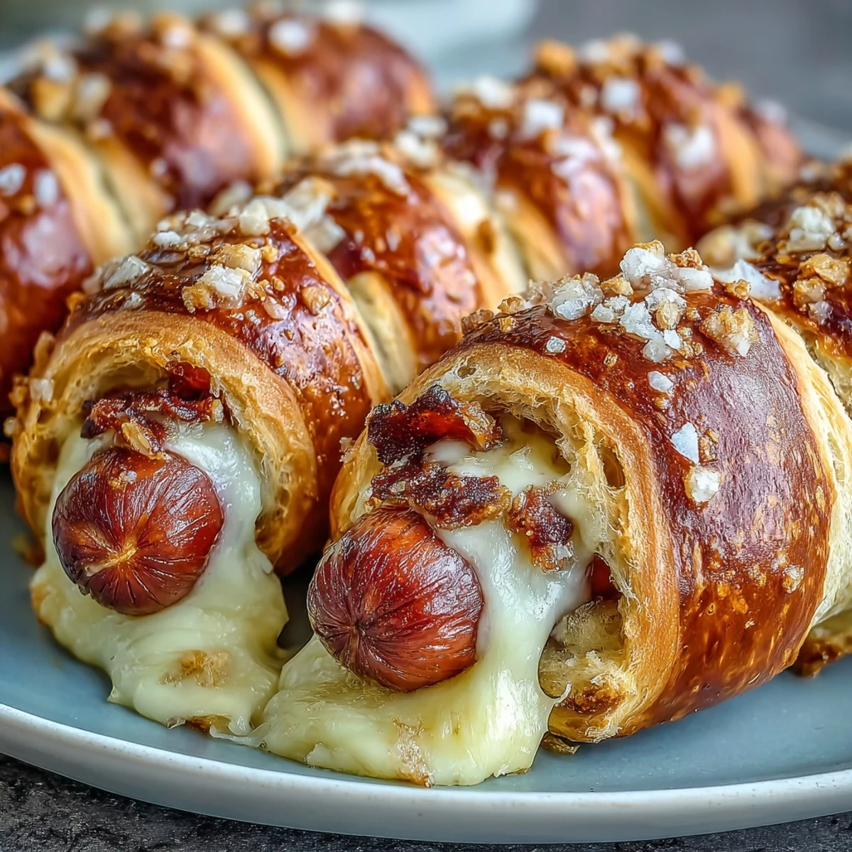 Eight Soft Baked Cheesy Pretzel Dogs resting on parchment paper, showcasing coarse salt sprinkles and a side of tangy mustard dip.