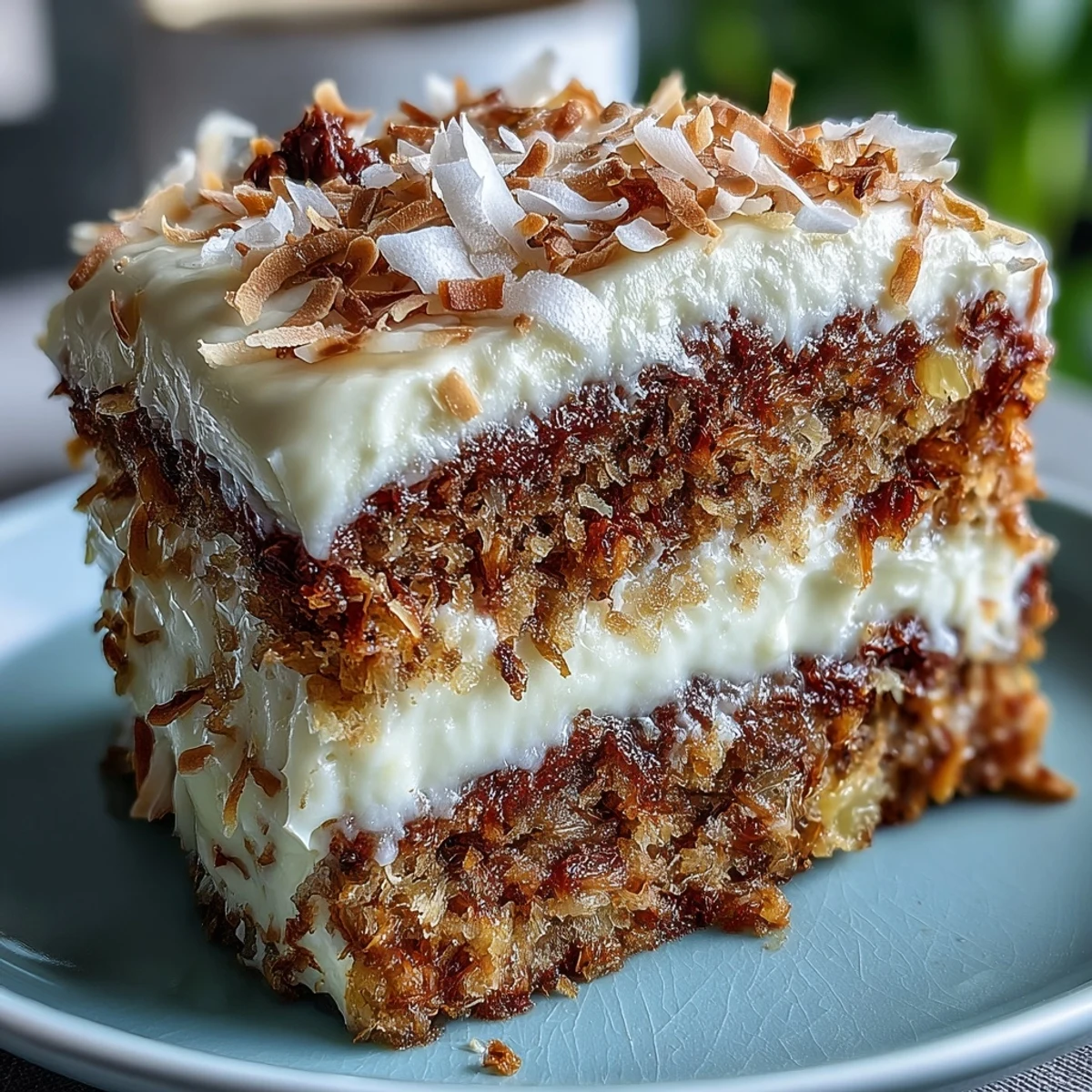 Moist slices of Christmas Hawaiian Carrot Pineapple Cake with creamy frosting and toasted coconut garnish.