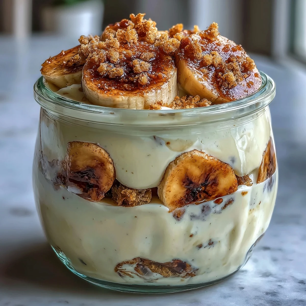 Protein Banana Pudding with smooth Greek yogurt custard, topped with crushed sugar-free wafers and ripe banana.