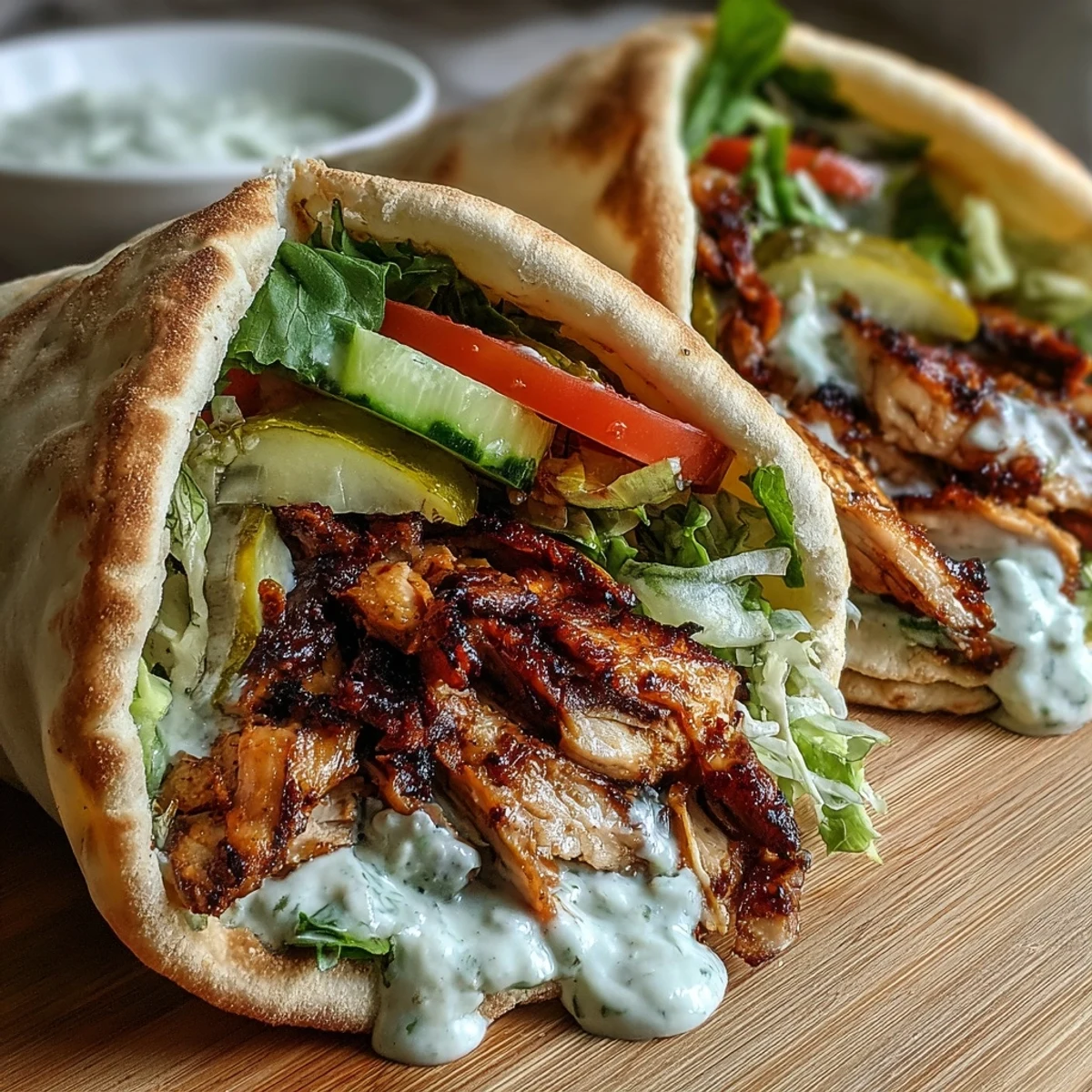 Grilled chicken shawarma wrapped in warm pita with fresh lettuce, tomato, and cucumber, drizzled with creamy garlic sauce.