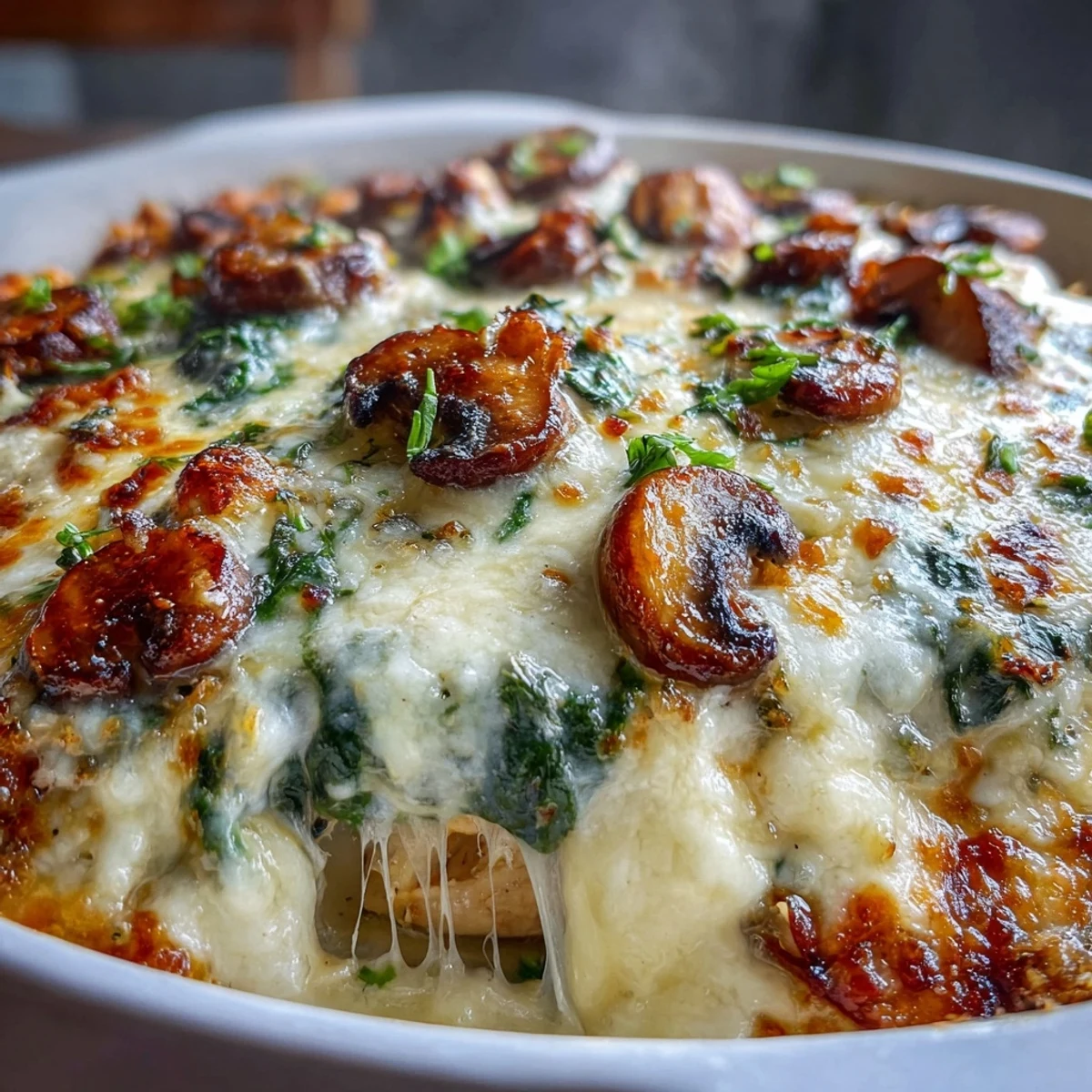 Tender chicken and sautéed spinach mingle with mushrooms under a rich, cheesy sauce in a casserole dish.