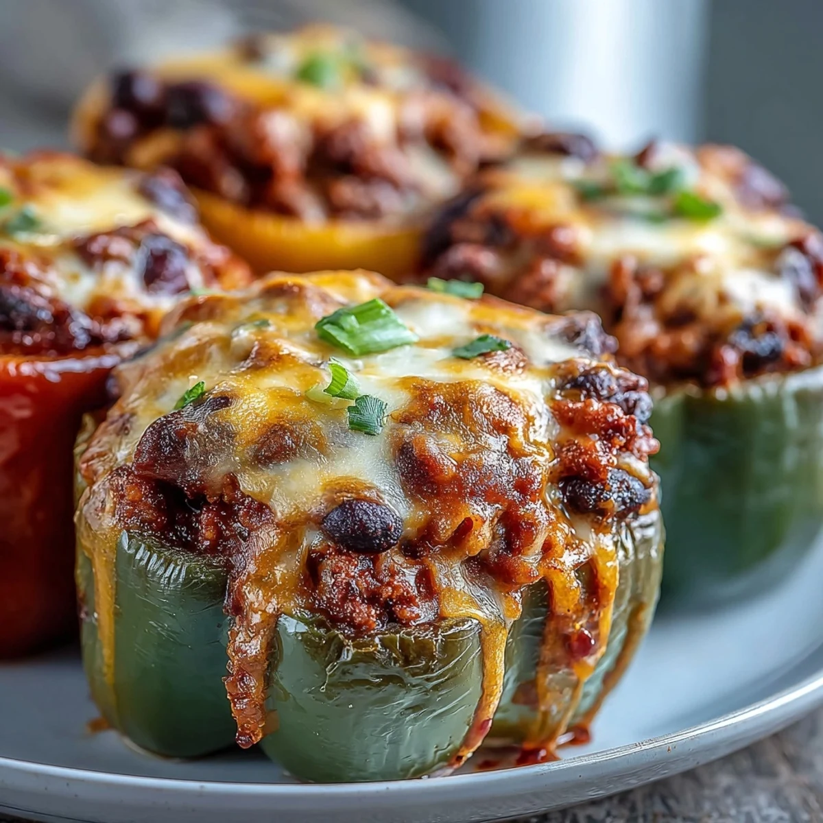 Golden-brown baked chili mac stuffed peppers with melted cheddar, served fresh with cilantro on a plate.