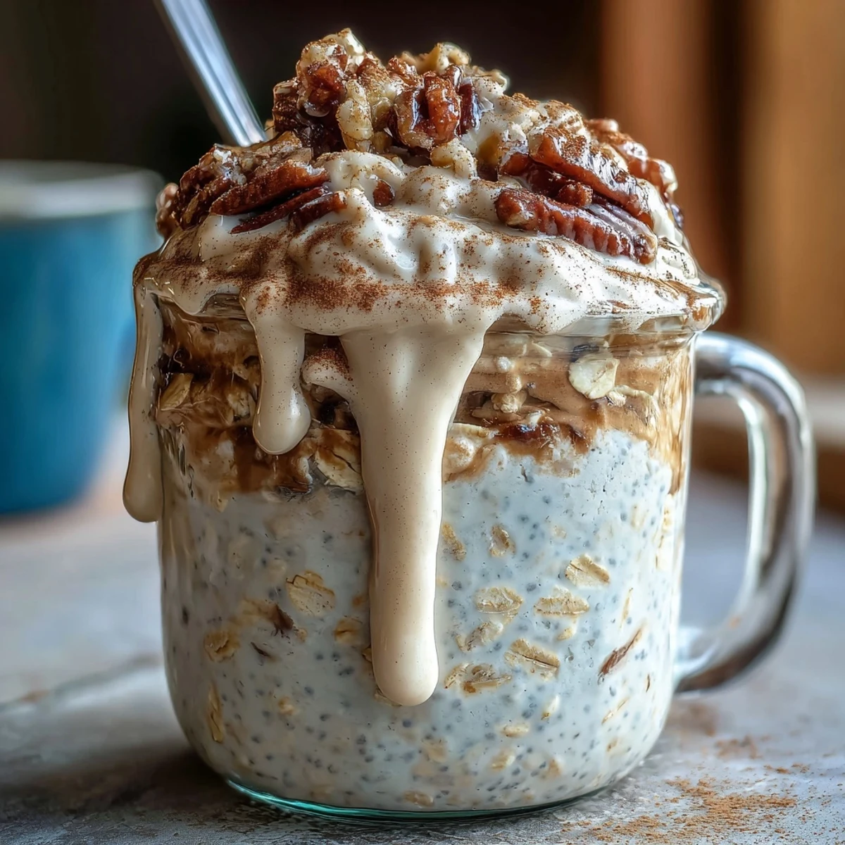Thick High-Protein Cinnamon Roll Overnight Oats in a jar, topped with creamy drizzle and cinnamon dusting.