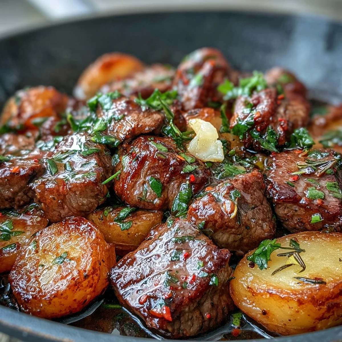Golden, crispy potatoes and tender steak bites smothered in garlic butter sauce, ready to serve.