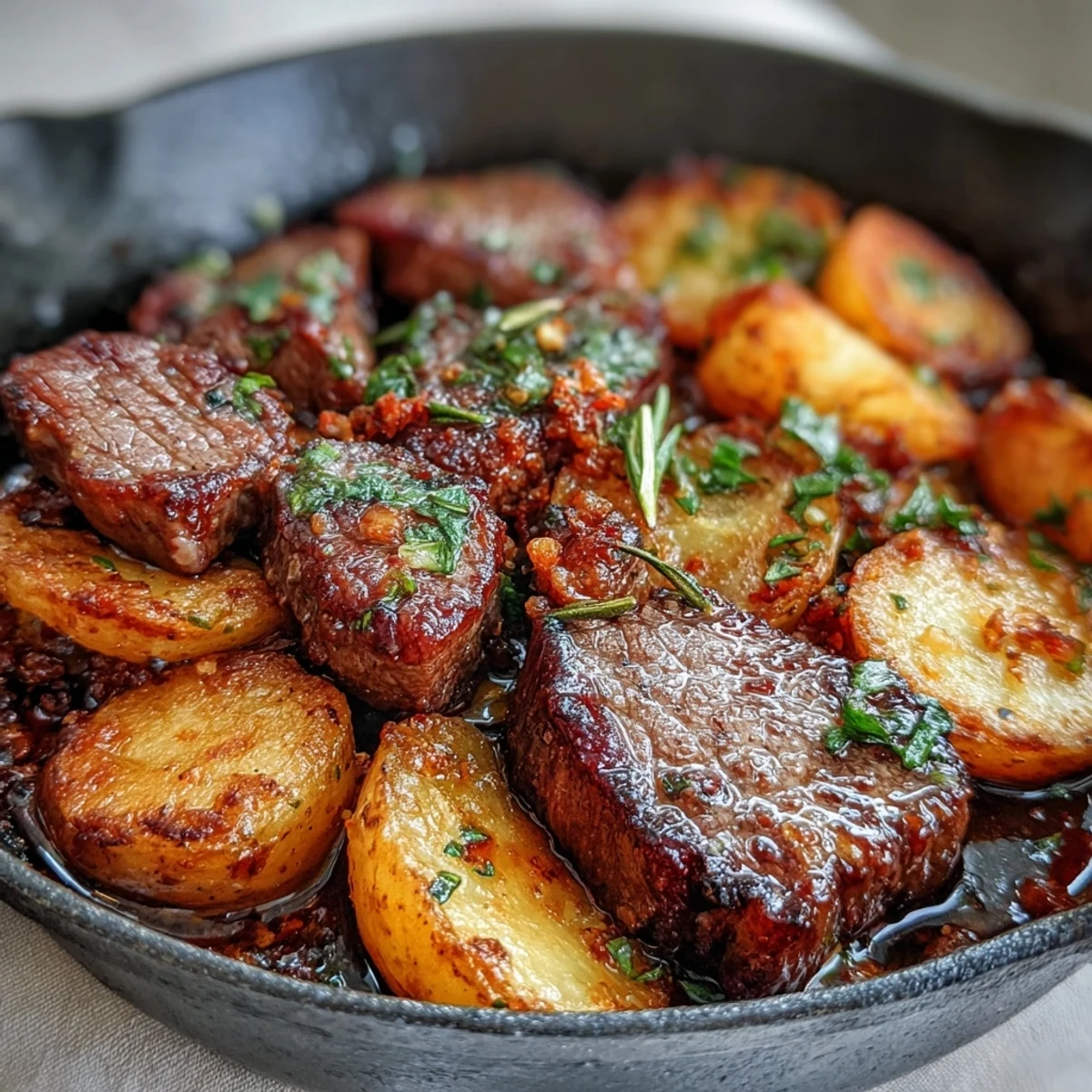 A close-up of Garlic Butter Steak & Potato Skillet garnished with fresh parsley and lemon.