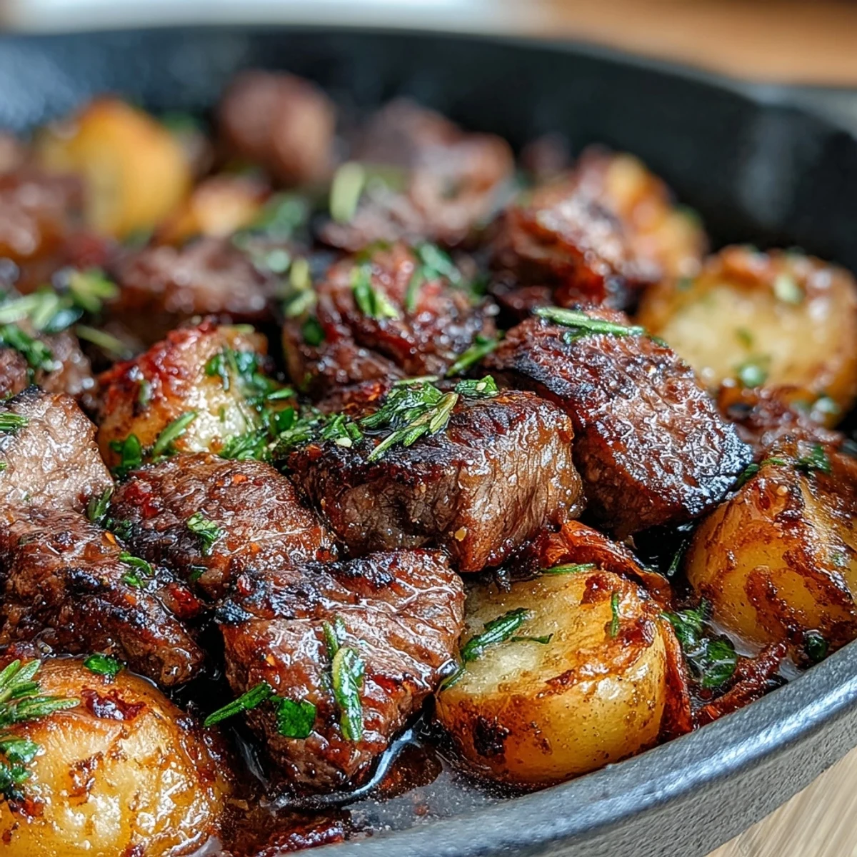 Sizzling steak and potatoes tossed in garlic butter, perfect for a quick skillet dinner.