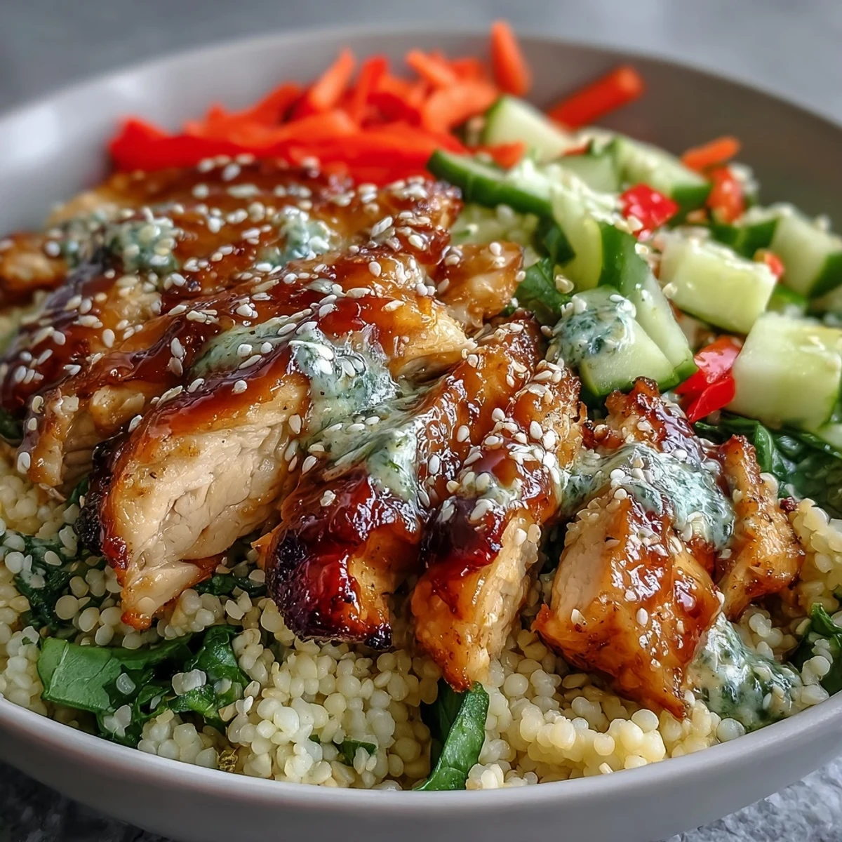 Freshly grilled chicken slices rest on fluffy pearl couscous, topped with crisp cucumber, carrots, and red peppers for this Sesame Ginger Chicken Couscous Bowl.