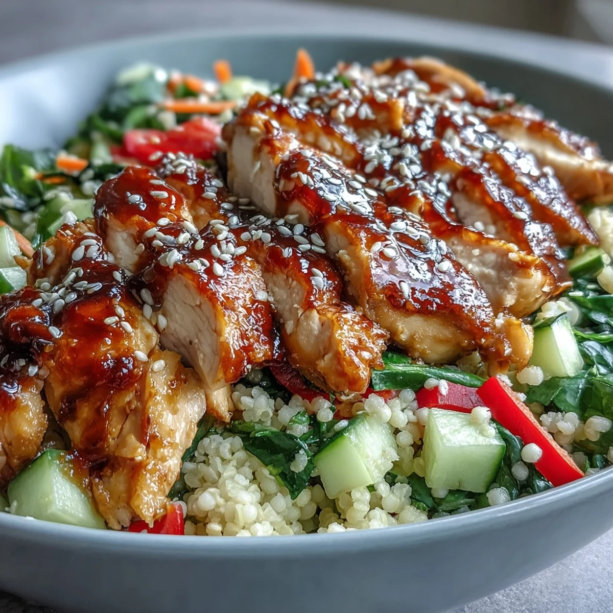 Ready to eat Sesame Ginger Chicken Couscous Bowl garnished with green onions, cilantro, and sesame seeds next to a zesty lime wedge.