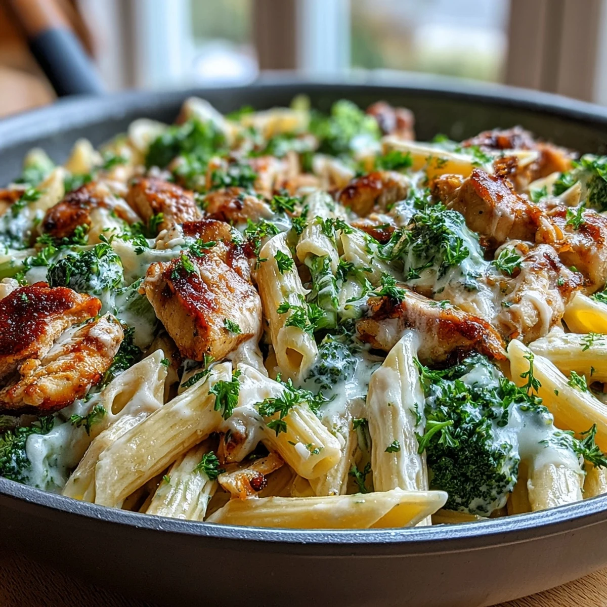 Creamy Garlic Parmesan Broccoli & Chicken Pasta in a skillet, garnished with parsley.