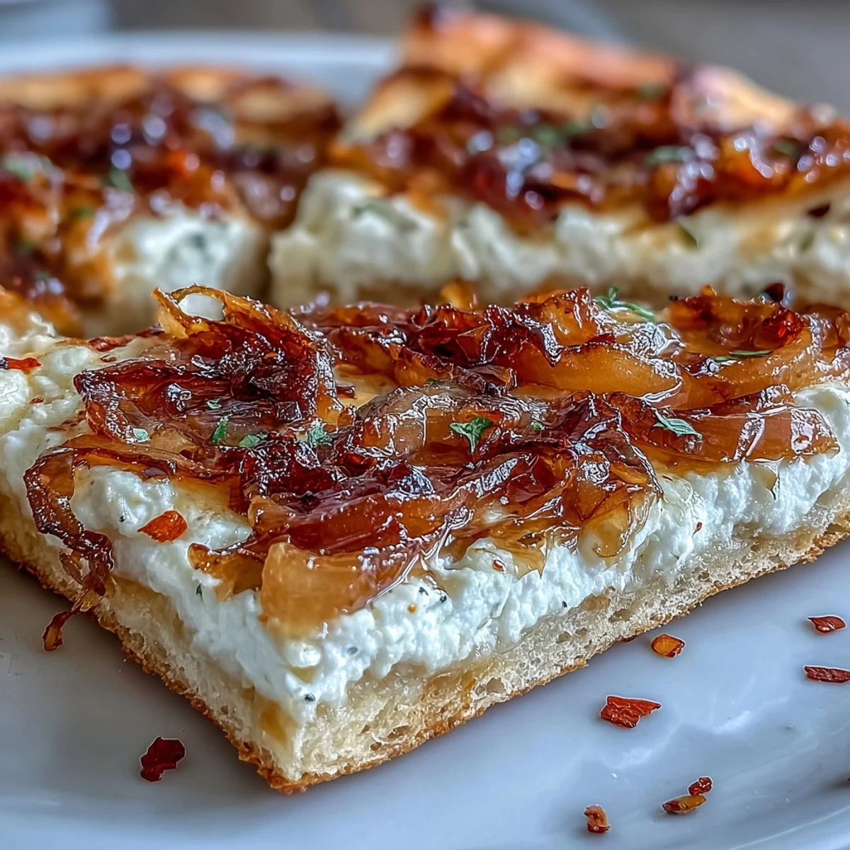 Golden-brown Goat Cheese & Caramelized Onion Flatbread topped with fresh thyme and chili flakes, sliced on a rustic wooden board.