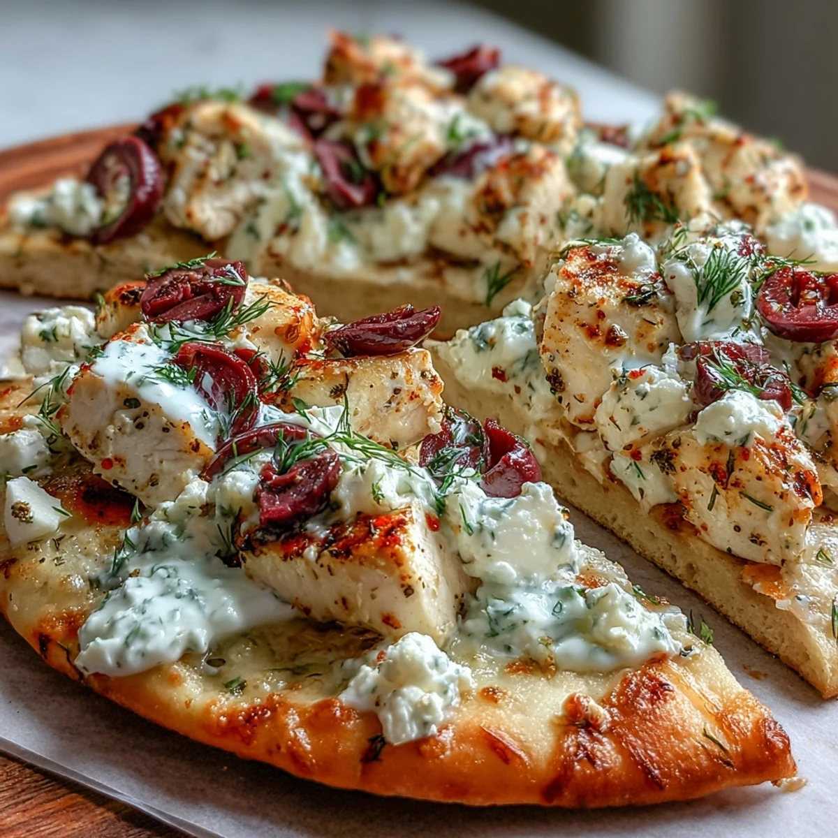 Golden-brown Lemon Feta Chicken Naan Pizza with melted mozzarella and Kalamata olives.
