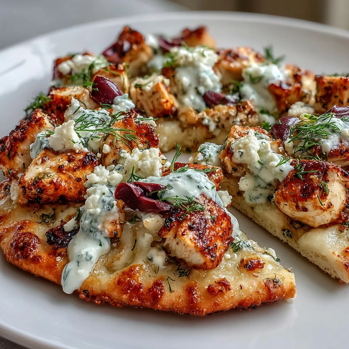 Fresh dill and creamy tzatziki drizzle garnish this quick Mediterranean-style dinner pizza.