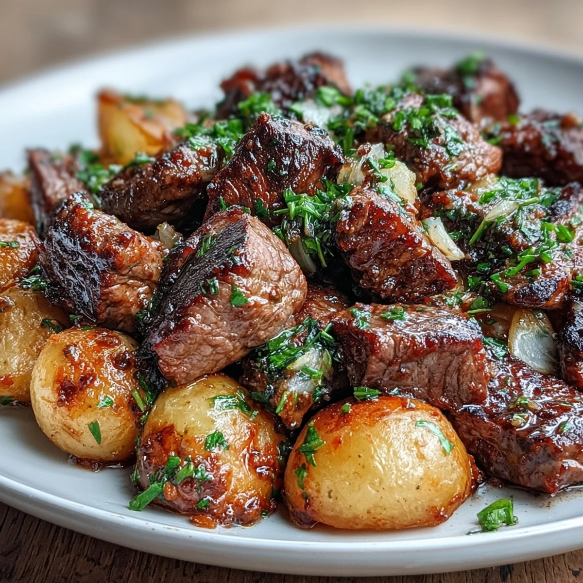 Golden crispy potatoes and seared steak bites glisten in garlic butter sauce in this Garlic Butter Steak & Potato Skillet meal.