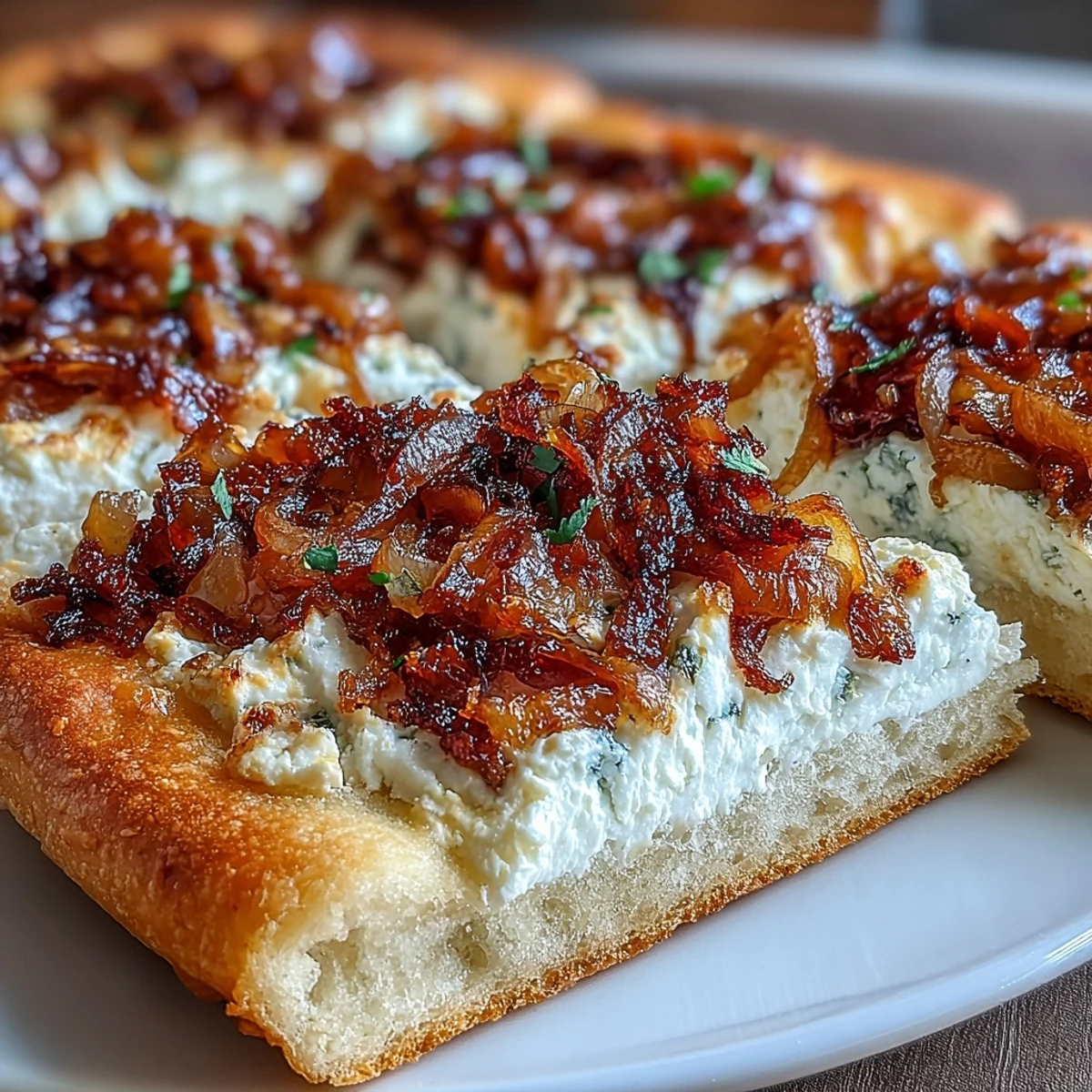 Appetizer slices of Goat Cheese & Caramelized Onion Flatbread with melted cheese and sweet onions on a plate.