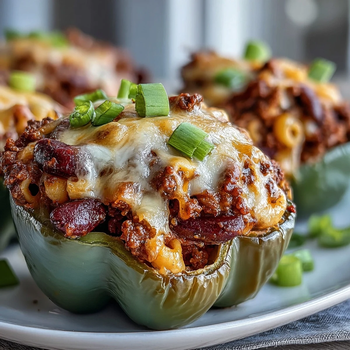 Hearty chili mac stuffed peppers topped with melted cheese and fresh cilantro garnish.