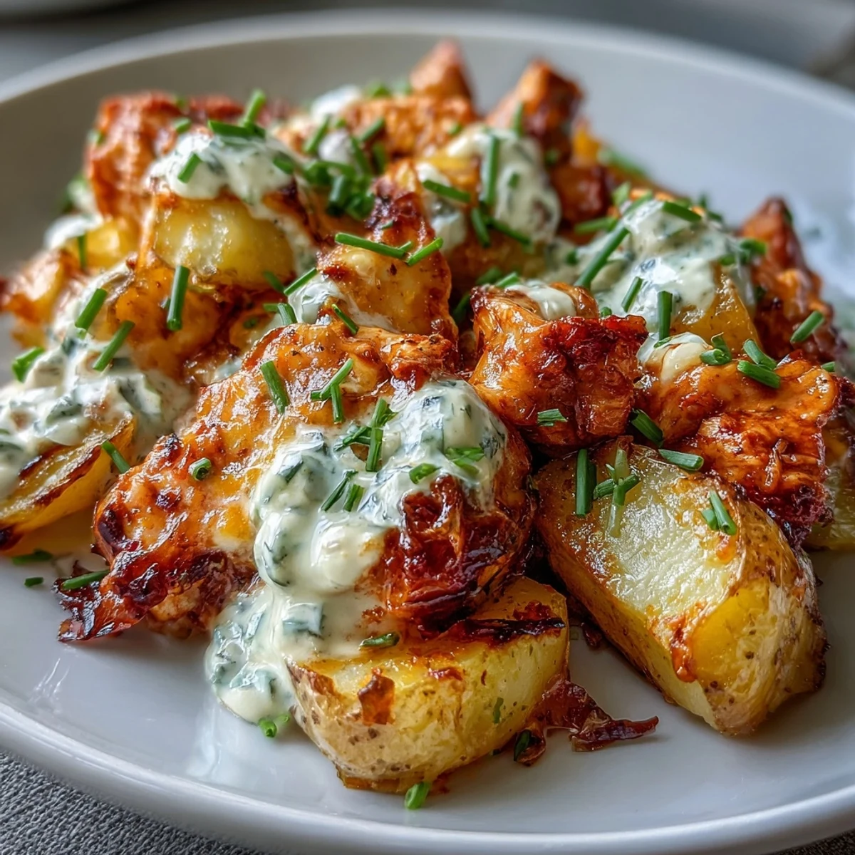 Juicy chicken breasts nestled among tender roasted baby potatoes in a rustic 9x13 baking dish.