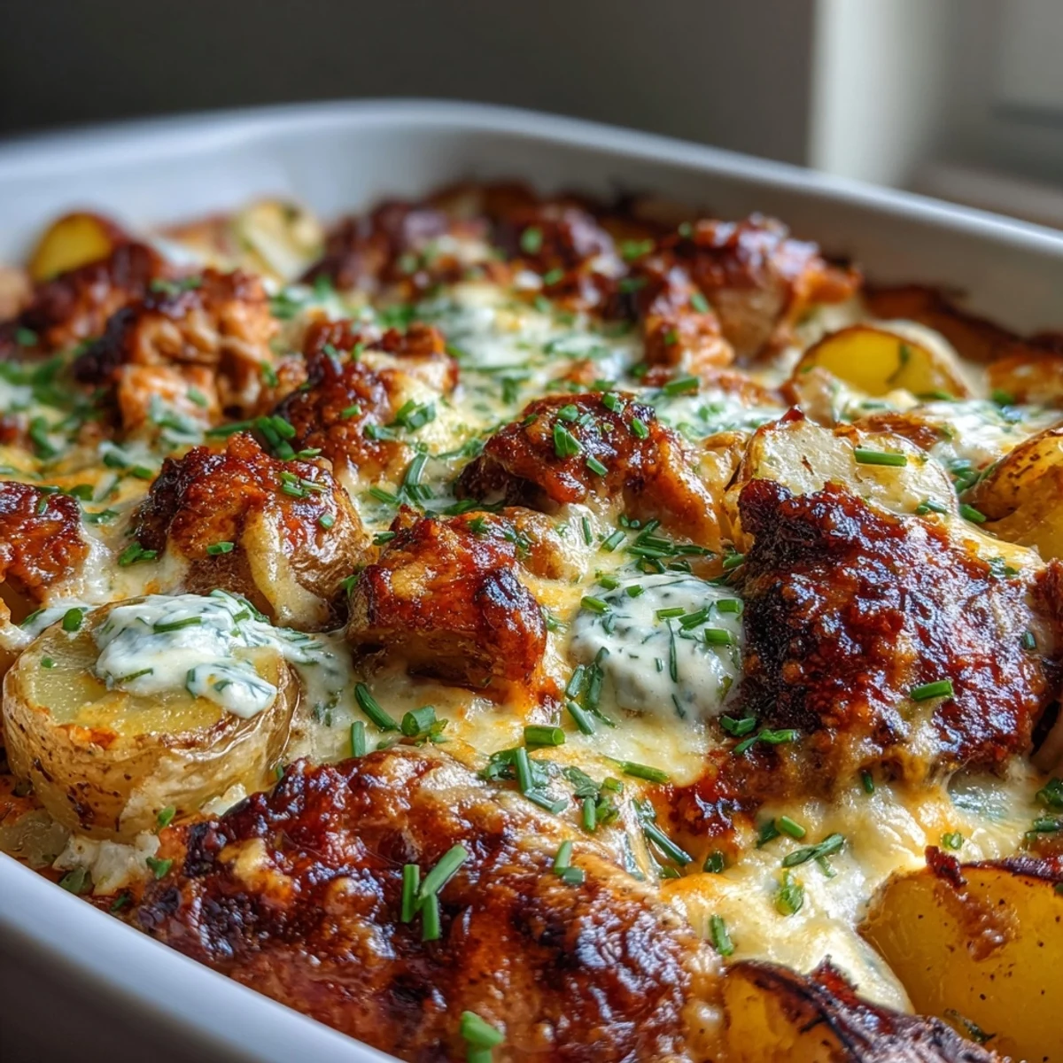 Golden potato bake topped with fresh chives, served as a hearty weeknight casserole for four.